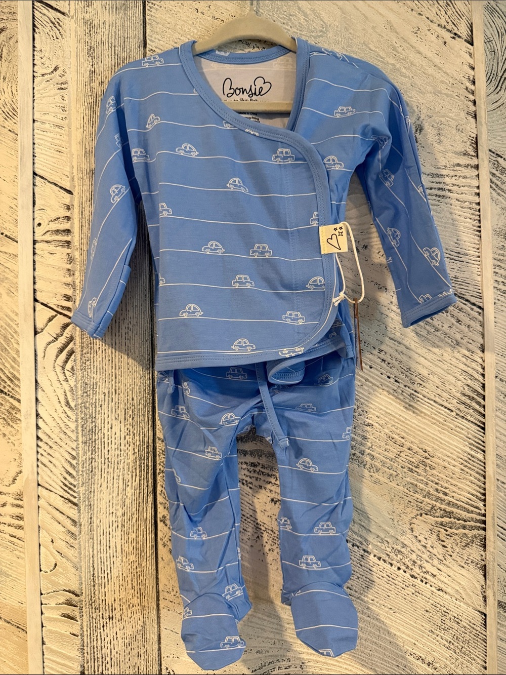 Bonsie Blue Car Print Baby Kimono Footed Set